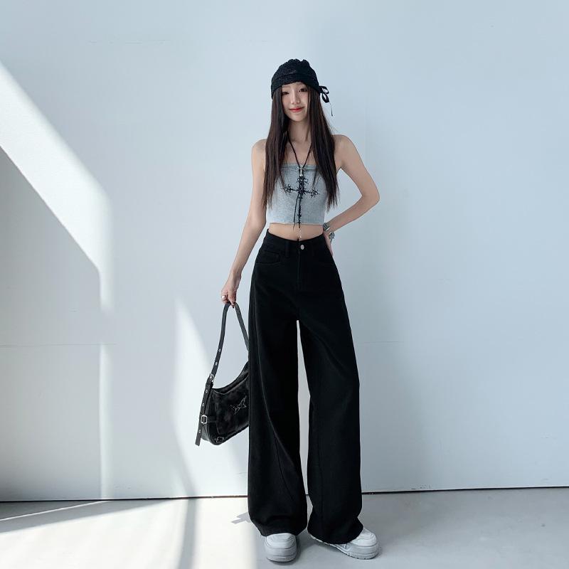 Fashionable Black Light Luxury Korean-Style Wide-Leg Jeans - Super Soft Cotton, Slim Fit for Women - Perfect for Spring and Summer