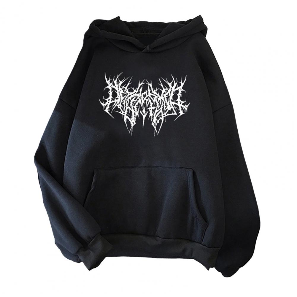 Fall Winter Unisex Hoodie Drawstring Elastic Cuff Thorn Print Thick Fleece Patch Pocket Loose Long Sleeves Pullover Warm Top
