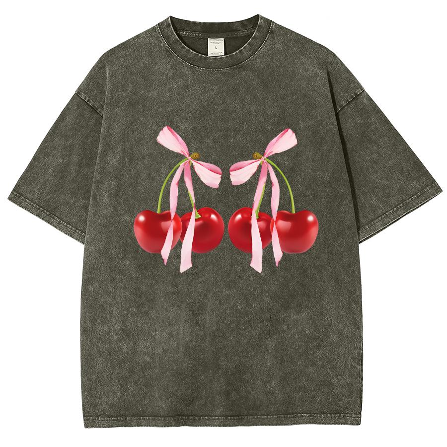 Sweet Girl Cute Wind Cherry Bow Print Women S T-Shirt Loose S серый
