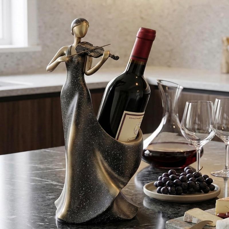 Violinist Wine Bottle Holders Countertop Display Stand, Decorative Resin Lady Statue Single Bottle Rack for Wine Cabinet Styling