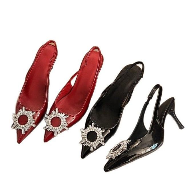 2025 summer new pointed high-heeled single shoes women's commuter wind water diamond decorative bag head sandals patent leather stiletto sandals