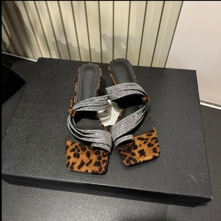 Fashion 2025 Summer Leopard Narrow Band Women Slippers Shoes Fashion Open Toe Laides Elegant Dress Wedges Heel Slides