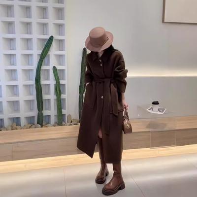 Casual Classic Lazy Style Double-sided Wool Coat for Women Korean Style Loose Lace-up Long Woolen Coat