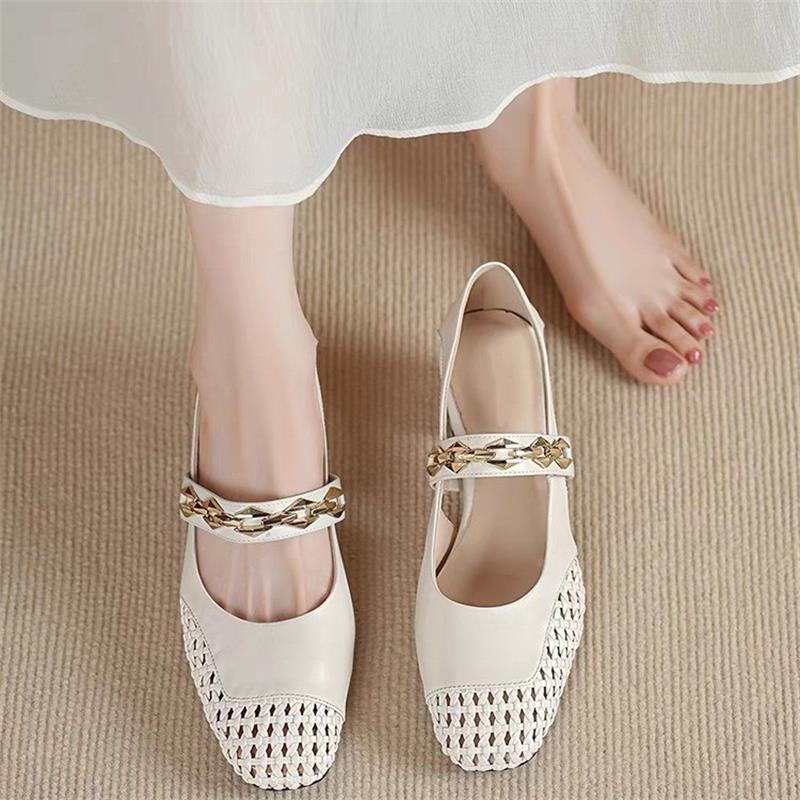 French Square Head Women's Single Shoes Elegant Square Head Word Sandals 2025 Summer Temperament Fashionable Hollow Breathable Women's Shoes