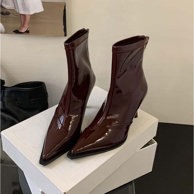 2025 Autumn and Winter New Patent Leather Pointed Thin Heel Short Boots Women's High Heel Glossy Fashion Thin Boots Feeling Boots