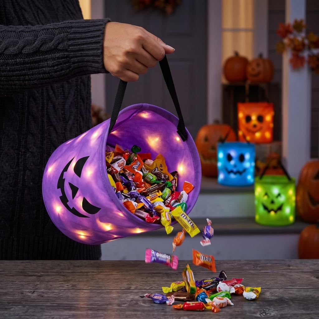 Halloween Light Up Candy with LED - Non-Woven Fabric or Pail for Kids, Button Battery