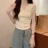 Fried Street Top Slim and Skinny New Summer V-Neck Front Shoulder Pleated High Waist Short Sleeve T-Shirt Women's Clothing