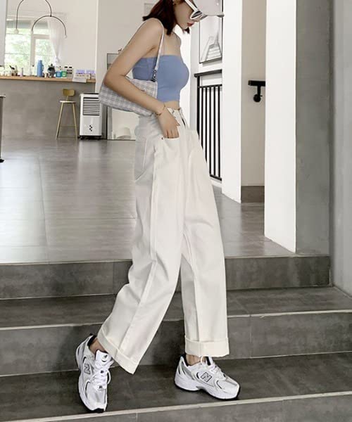 Aimoha Denim Pants with Waist Baggy Zip White Size White Women's High-Waisted Tucks, Silhouette, Fly, Denim, XL,