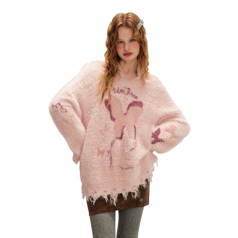 UNIFREE Faux Mink V-Neck Off-Shoulder Sweater S