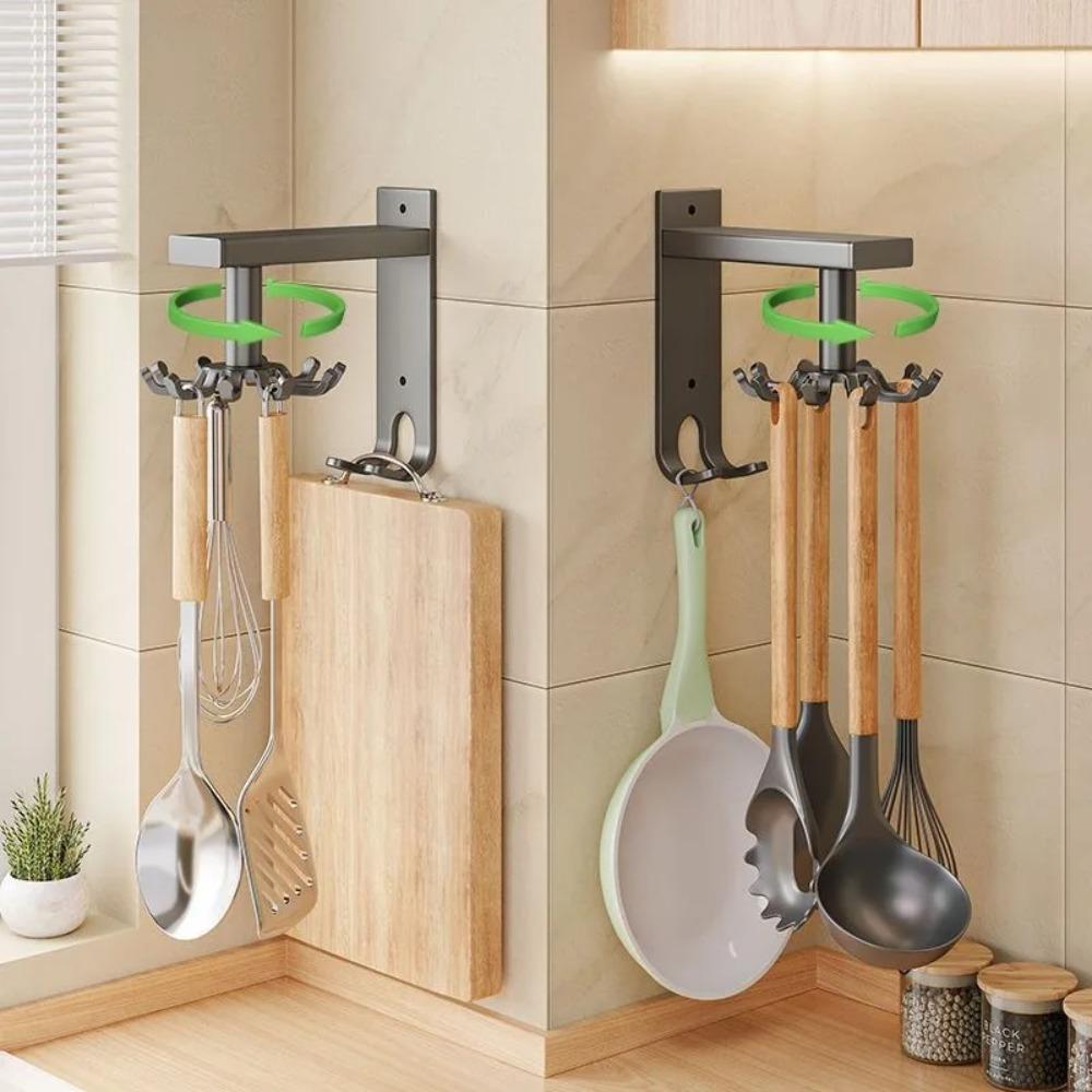 Kitchen Rotating Spatula Spoon Racks Wall Mounted Sliding Hook Shelves No Punching Required Simplicity Kitchenware Storage Shelf