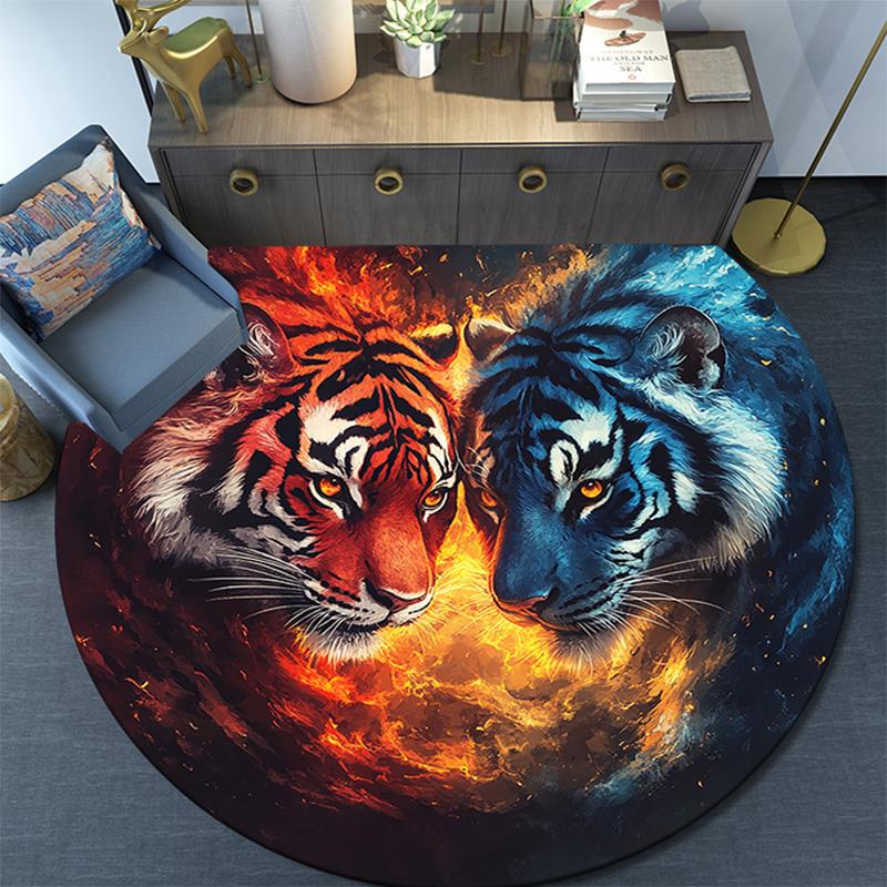Yin Yang Tigers Round Area Rug,Carpet Rug for Living Room Bedroom Sofa Playroom Decor,Non-slip Floor Mat