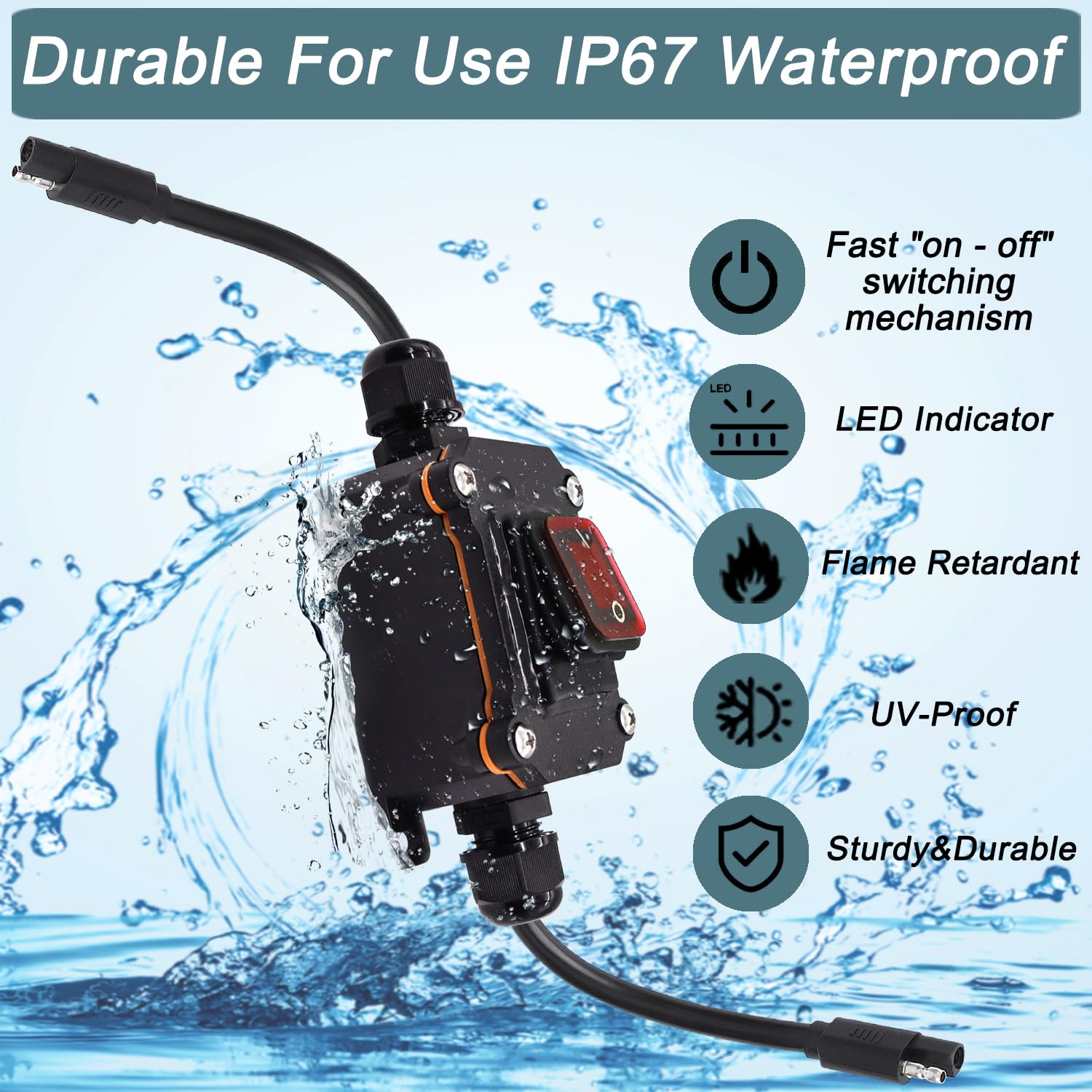 

Inline 12V Power Switch with IP67 Waterproof Rating, 14AWG SAE Cable with ON/Off Switch, Quick Connect/Disconnect Snap, SAE Converter Cable for Solar
