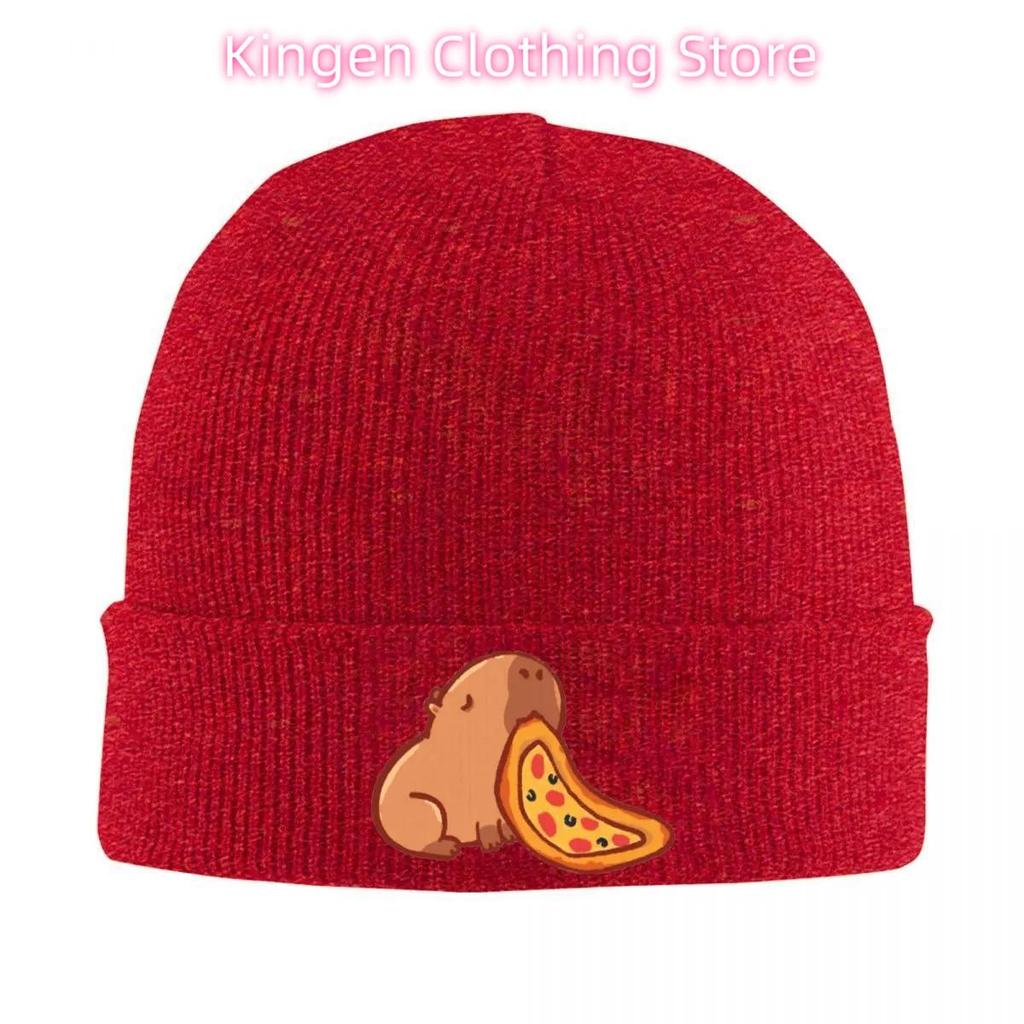 1pc Anime Capybara Eating Pizza Beanie Hat Acrylic Knit Fabric, Lightweight, Stretchable, Toggle Closure, Hand Washable