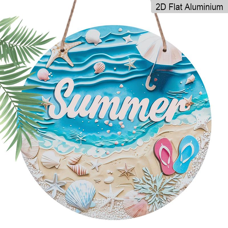 

2D Flat, 1pc Round Aluminum Summer Beach Sign, Seashell & Flip Flop Metal Plaque, Ocean Wave & Starfish Coastal Design, Perfect for Beach House 7.87×7.87inch