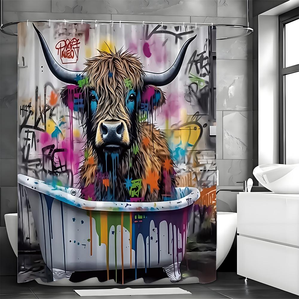 Bunte Moderne Abstrakte Graffiti Kreative Hochlandkuh Duschvorhang, Badezimmer Dekorativer Duschvorhang, Wasserdichter Duschcu