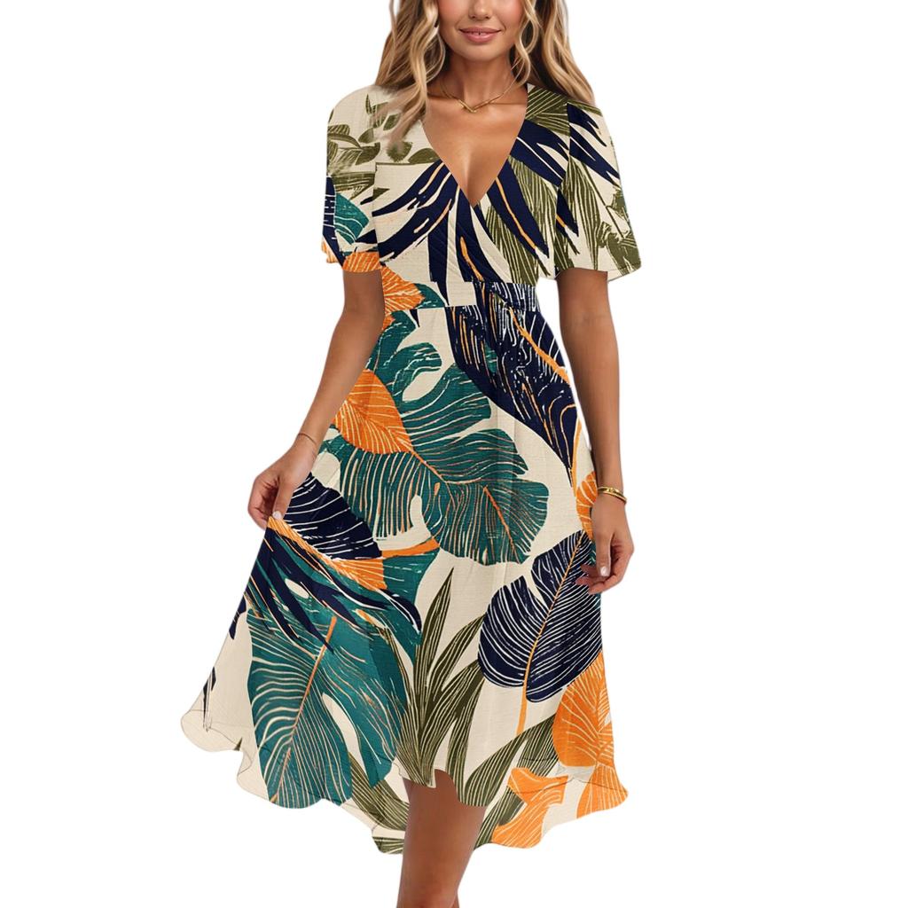 Women's Fashion Casual V Neck Short Sleeve Ruffled Vintage Printed Dresses