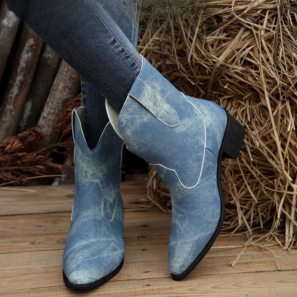 

2025 European and American Fashion Autumn/Winter New Arrivals - Women s Leather Pointed-Toe Boots with Medium Heel 35 синій
