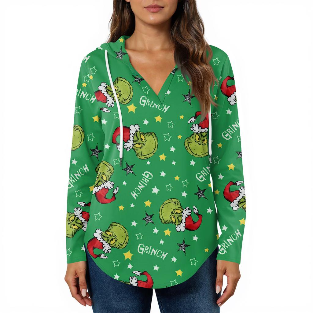 Damenmode Kapuzenpullover V-Ausschnitt Langarm Weihnachten Bedruckt Kordelzug Lässig Locker Pullover Tops