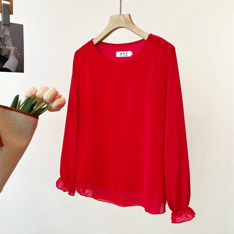 Spring and Summer New Women's Round Neck Long-sleeved Bottoming Top Loose Thin Outer Chiffon Shirt