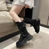 Fashion High Quality Women Mid Calf Boots Canvas Round Toe Mid Heel Boots For Woman Fashion Platform Lace Up Zip Shoes Botas Mujer 2025
