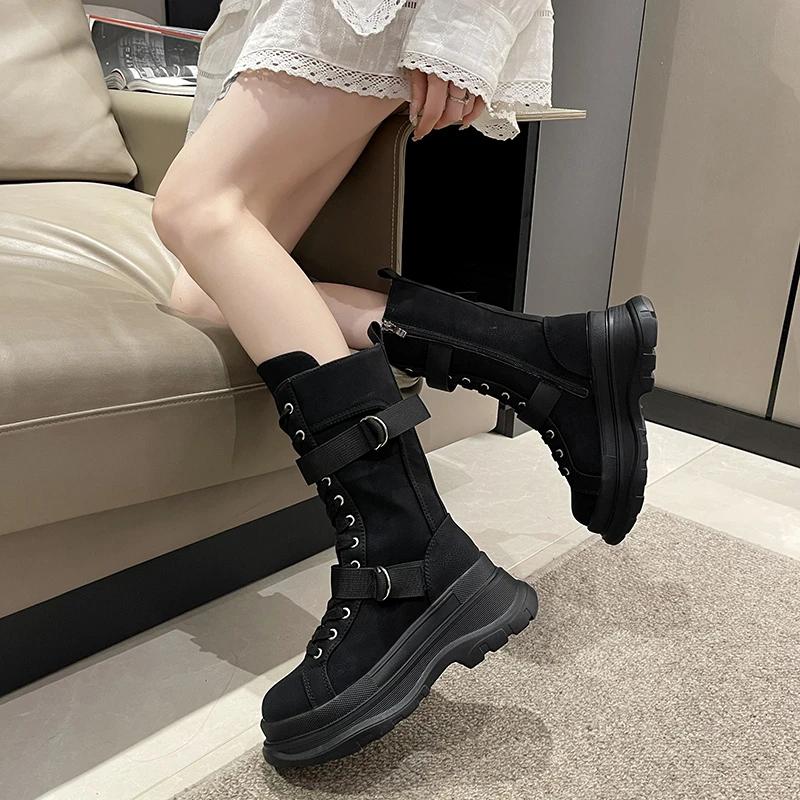 Fashion High Quality Women Mid Calf Boots Canvas Round Toe Mid Heel Boots For Woman Fashion Platform Lace Up Zip Shoes Botas Mujer 2025