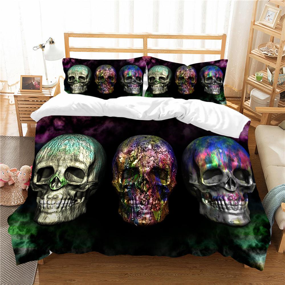3D-Schädelkopf-Serie, Bettwäsche-Set mit Horror-Muster, Bettdecke und Kissenbezug, 2/3-teilig, Halloween-Atmosphäre, Dekoration, waschbar, Heimdekoration