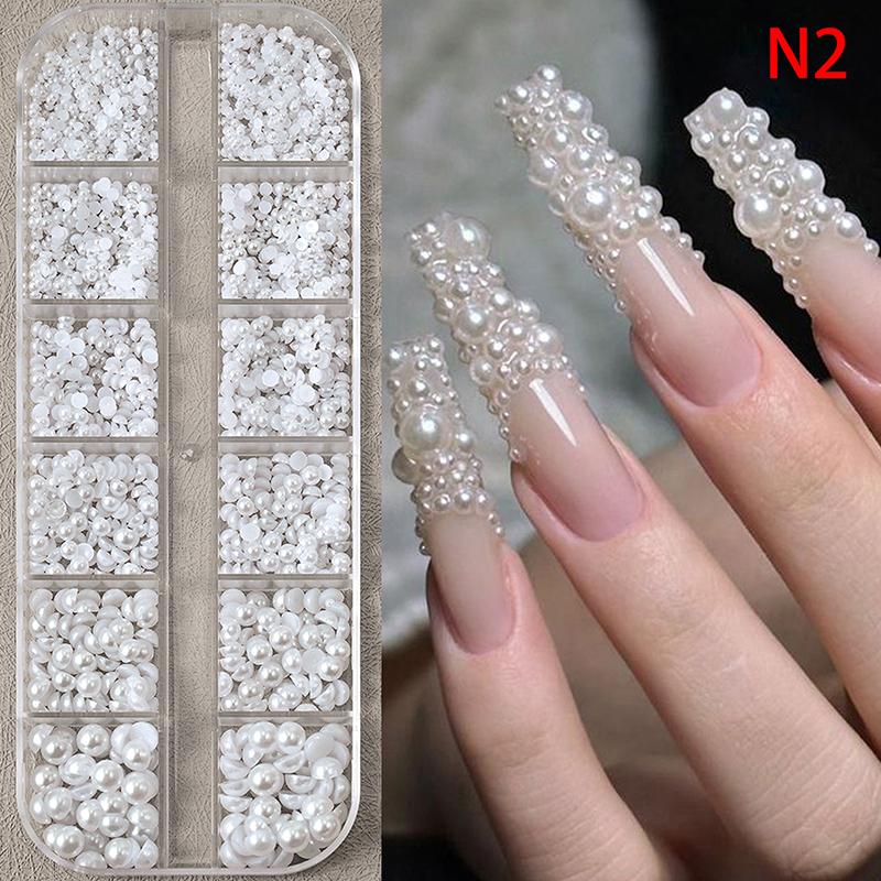 

12Grids 3D Mixed White Pearls Nail Charms 0.15-0.5Mm Round/Semicircle Pearl Beads Nail Art Diy Manicure Accessories