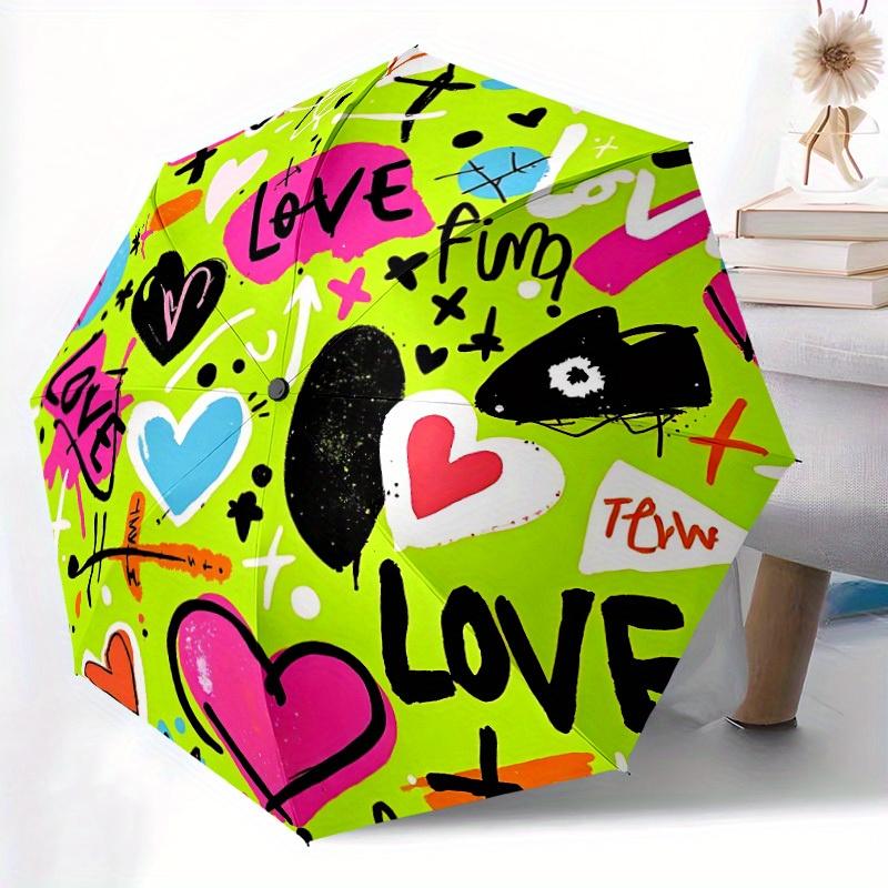 1pc Love Graffiti Print Automatic Open/Close Umbrella, Umbrella with cartoon Design, Portable Compact Umbrella for Men & Women