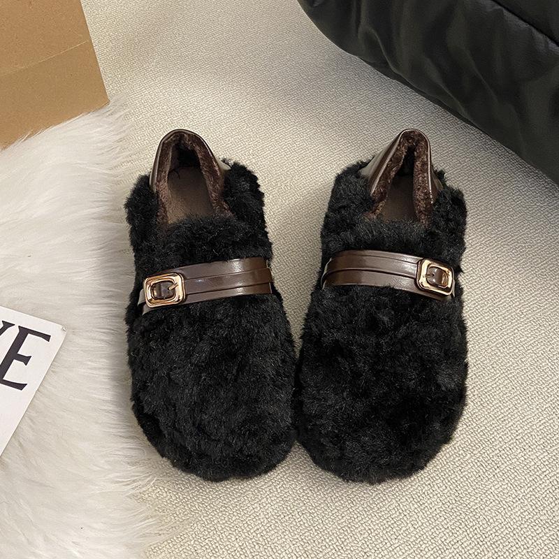 

Толстоподошвенные пушистые туфли на скрытой платформе для женской верхней одежды 2025 новые зимние сапоги для снега туфли на одной педали вечерние плюшевые хлопковые туфли 40 чёрный