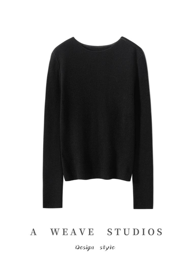 Women's 18-Gauge Pure Wool Yangzi Yarn One-Shoulder Herringbone Knit Top, Perfect for Spring and Autumn, Elegant and Versatile.