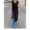 2025 Summer Sleeveless V-neck Linen Cotton Over-the-Knee Dress for Women - Solid Color, Simple Slit Design