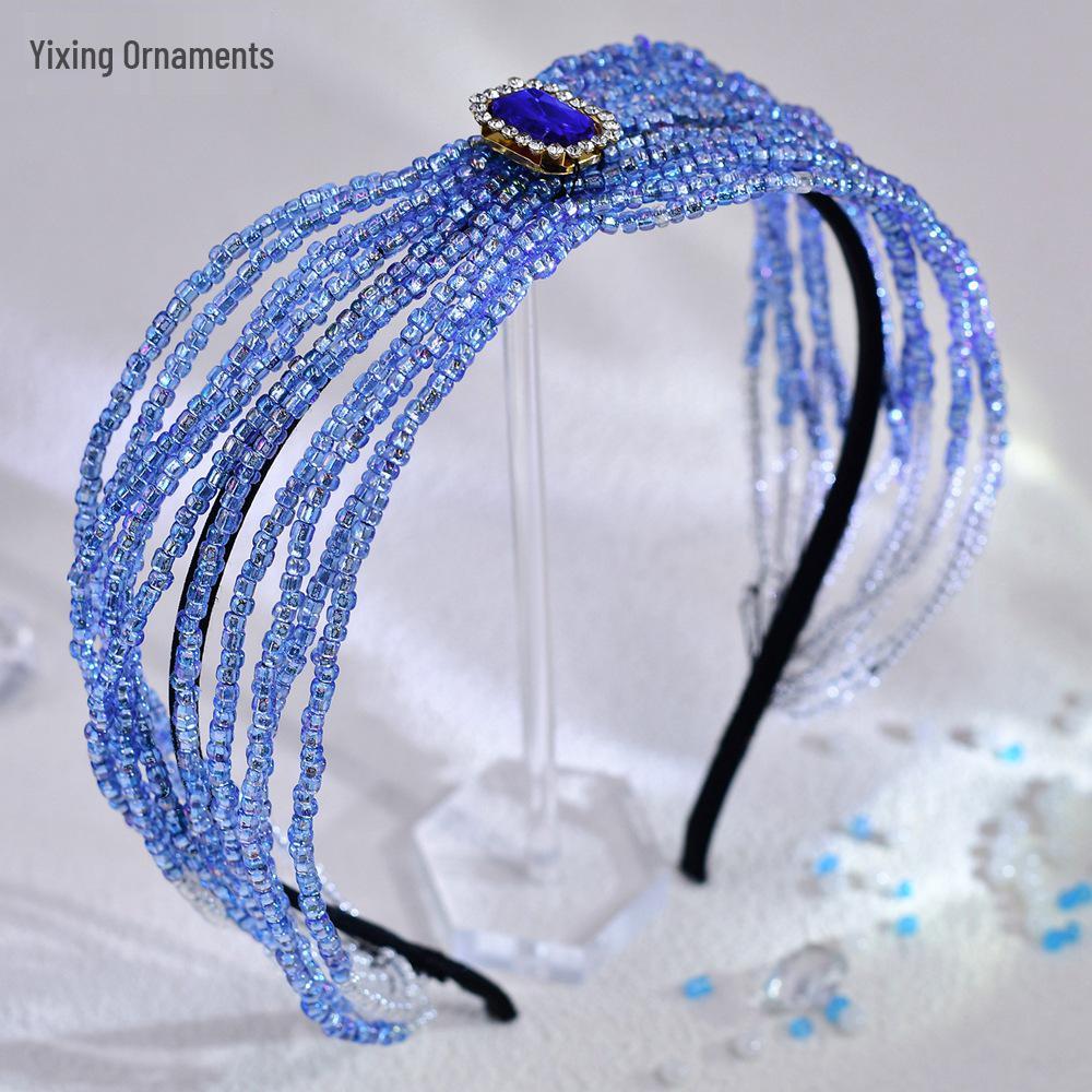 Yixing Elegant Blue Crystal Bead Hairband: Versatile Bridal and Fashion Accessory A163