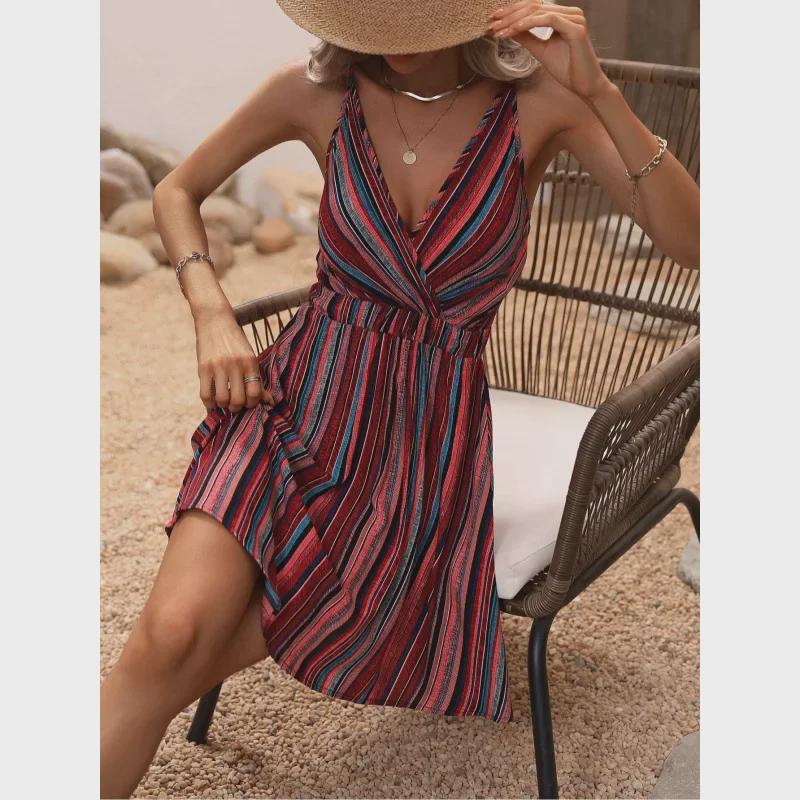 Evropské a americké horké prodeje Pruhované šaty s výstřihem do V na špagetová ramínka a zavinovacím střihem - Kolekce léto 2024