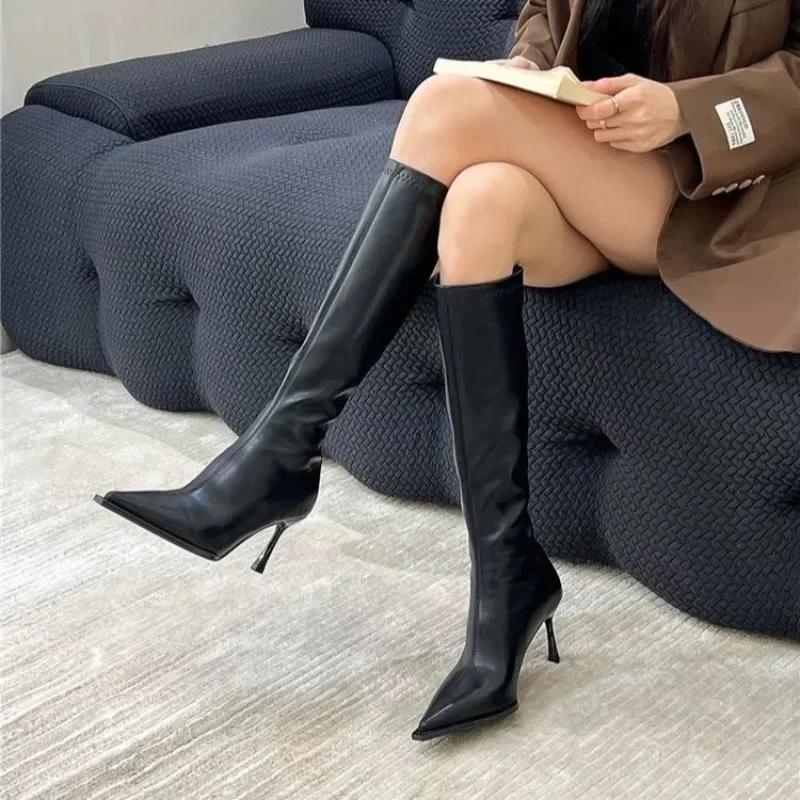 Fashion 2024 New Winter Women's Pointed Toe High Stiletto Heel Pleated Knee High Boots Women's Mid-Leg Comfortable Zapatos De Mujer