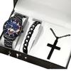 Men's Business Trend 3pcs/set Three-eye Single Calendar Steel Belt Watch + Bracelet + Cross Bracelet Set