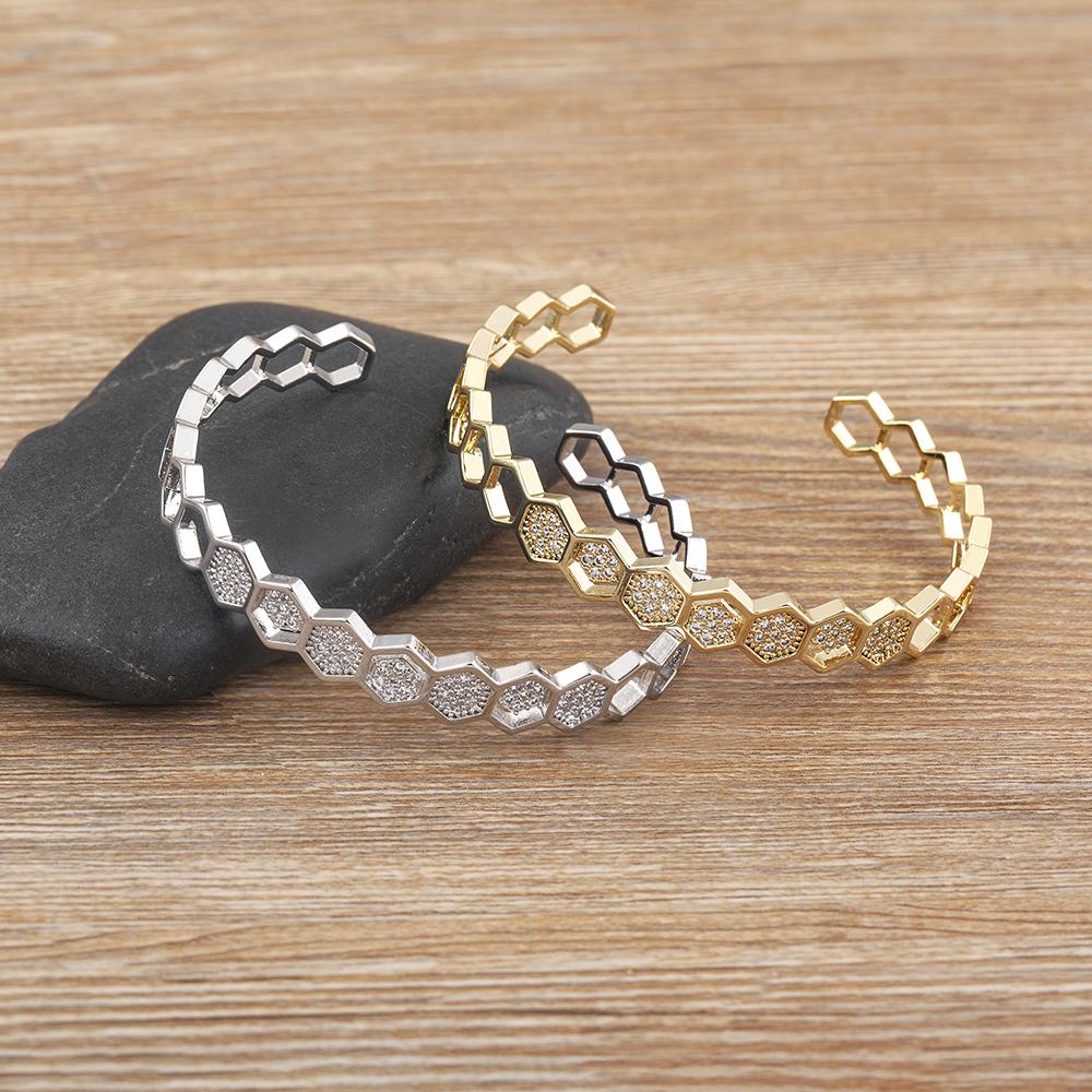 Nidin Top Quality Geometric Hexagon Shape Open Adjustable Bangles Gold/Silver Color CZ Bracelet Cubic Zirconia Jewelry Gift