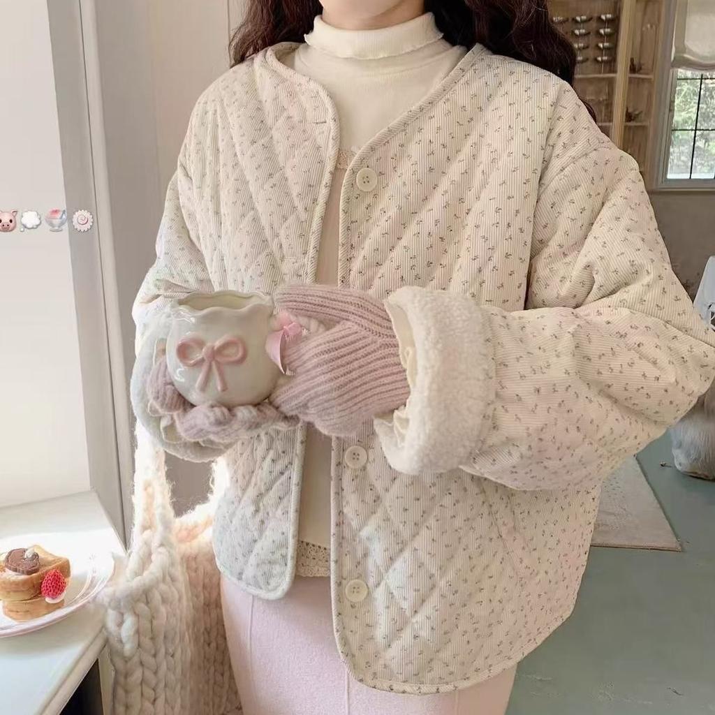 Corduroy Korean Version of Round Neck Floral Cotton Jacket Women's Autumn and Winter Loose and Versatile Warm Long-sleeved Cotton-padded Jacket