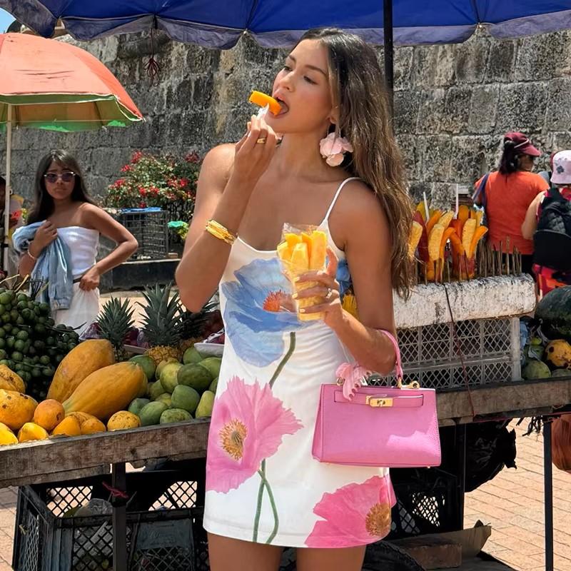 Sexy Mini Dress Women Summer Streetwear Print Sleeveless Spaghetti Strap Backless Casual Slim Elegant Pullover