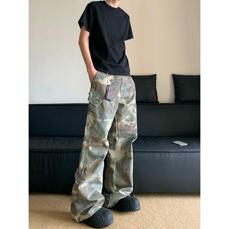 Cabbage Coke American Camouflage Cargo Pants Men's Silm Straight-leg Hiphop Pants Men's High Street Vibe Bootleg Pants