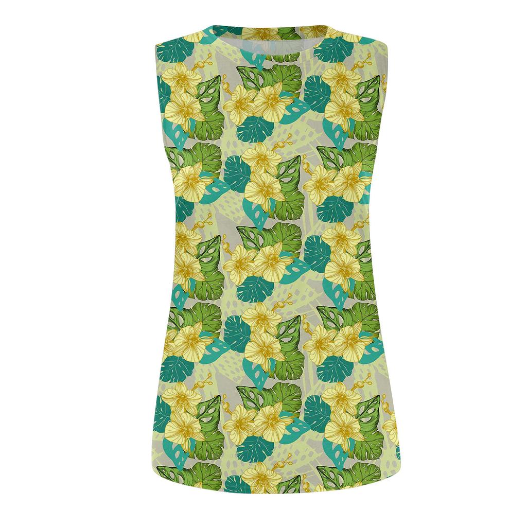 Damen Rundhals Lässig Ärmellos X Hawaiianisch Bedrucktes Westen-T-Shirt Top