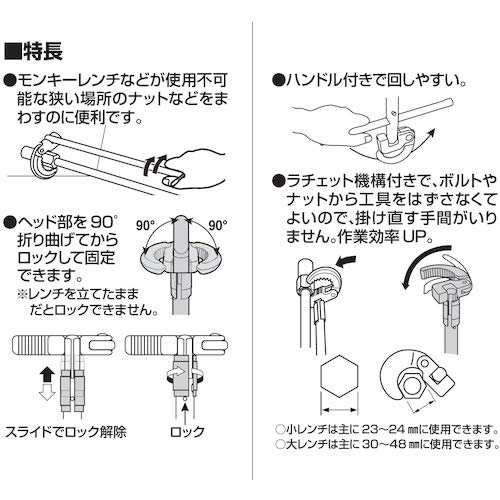 Sanei PR380 Double-Ended Multi-Purpose Wrench, Ratchet Type, for 23-24mm and 30-48mm Flats