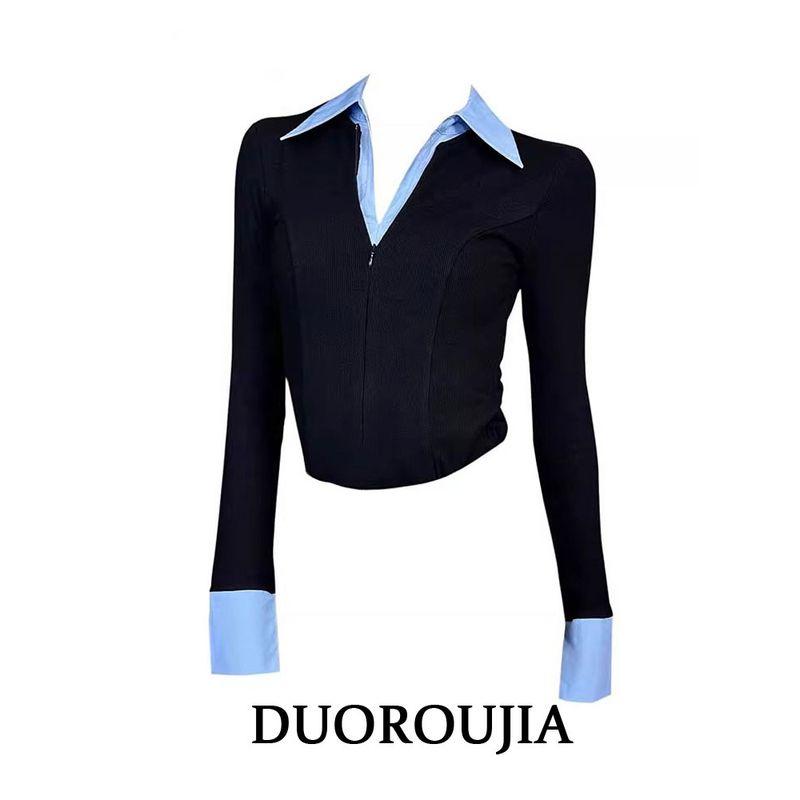 

Сексуальные контрастные цвета, топы с воротником поло, имитация двойки, женские, осень 2025, новое поступление, большие размеры, для полных дам, приталенная, внутренняя футболка Black [Free Shipping Insurance]] XL