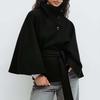 Women's Batwing Sleeve Wool Poncho Coat Stand Collar Cropped Cape Jacket with Belt Fall Winter Short Trench Pea Coat