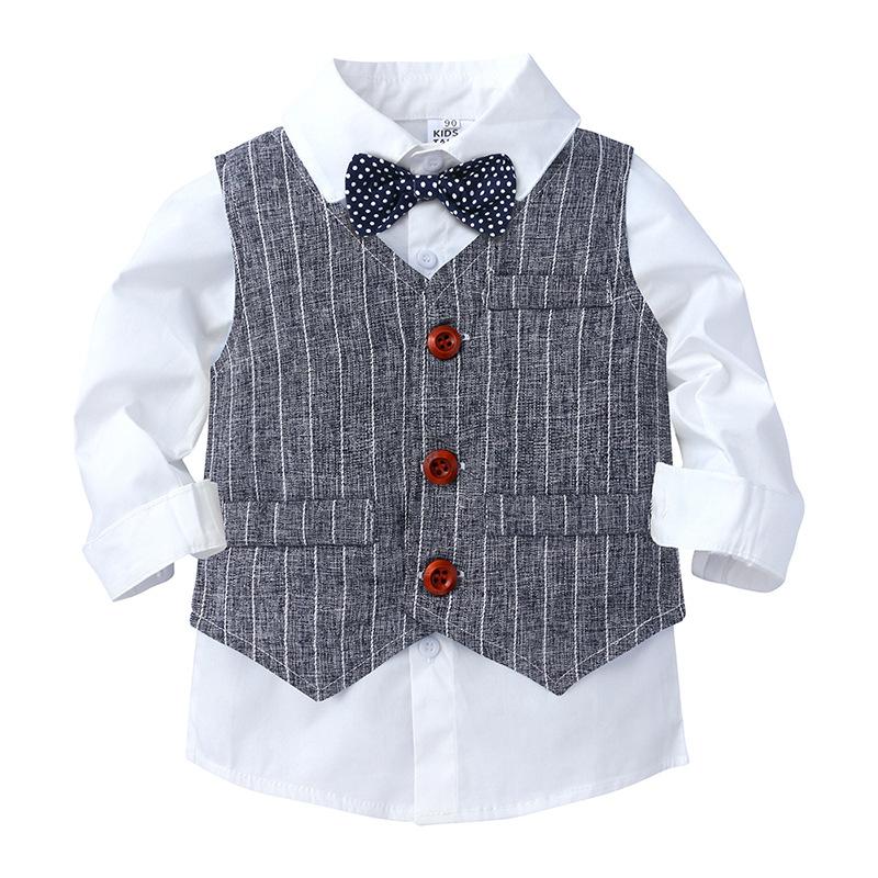 Baby Boy Gentleman Suit White Shirt with Bow Tie Striped VestTrousers 3Pcs Formal Kids Clothes Set