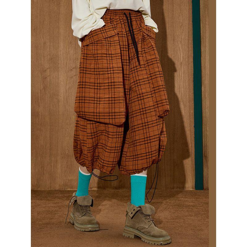Coolhut Workwear Plaid Silhouette Slimming Loose Large Pocket Cropped Pants 25 Winter New Women's Casual Pants