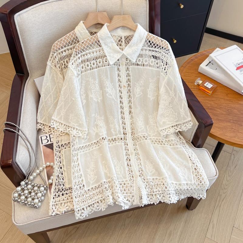 DIMANAF 2025 New Summer Buttons Shirt Women Lace Blouse Embroidery Short Sleeve Fashion Tops Tees Casual Loose Tees