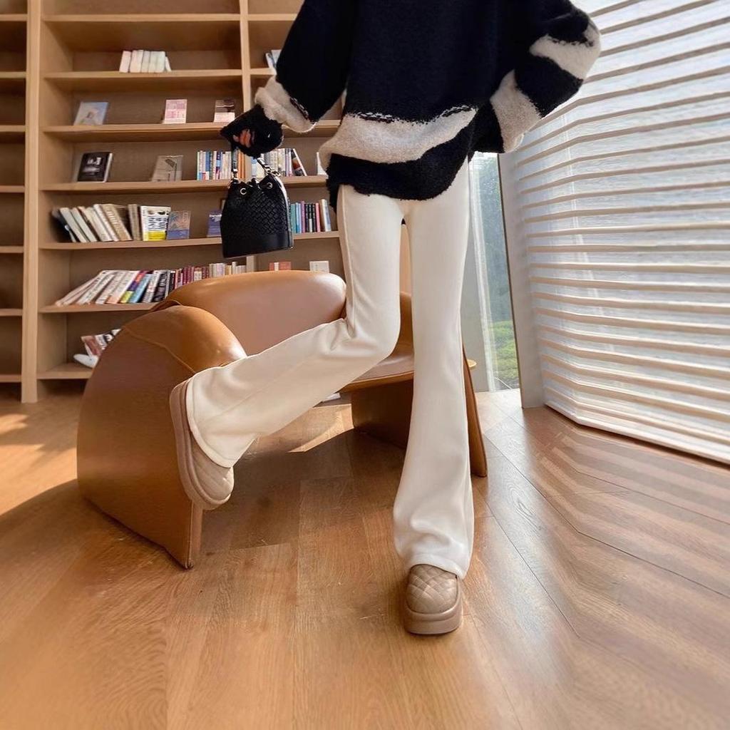 Women's Fleece-Lined Flared Pants - High-Waisted, Slim-Fit, Knit Casual for Autumn & Winter 2024