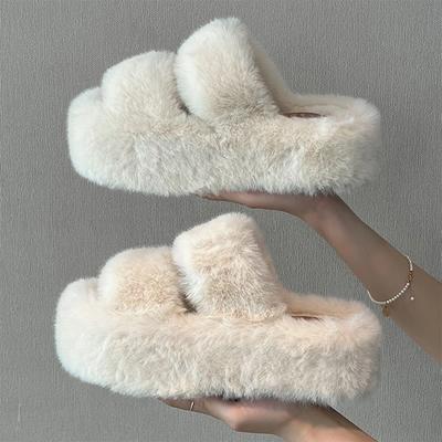 Fluffy 7CM Women Platform Flats Slippers Shoes Comfort Open Toe Slides 2025 New Spring Autumn Female Home Shoes