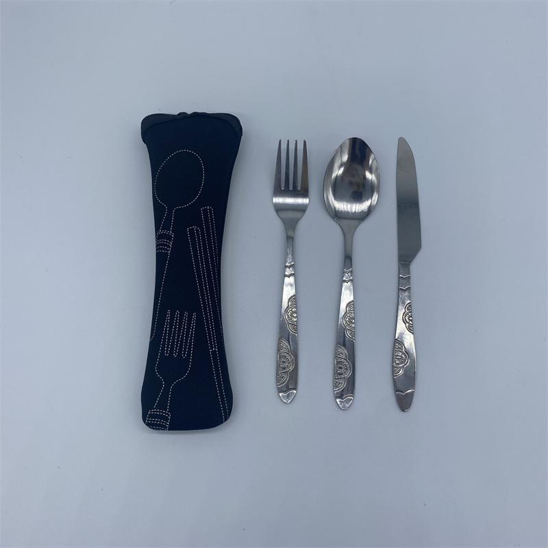 3pcs Set  Dinnerware Portable Printed Stainless Steel Spoon Fork Steak Knife Set Travel Cutlery Tableware with Bag