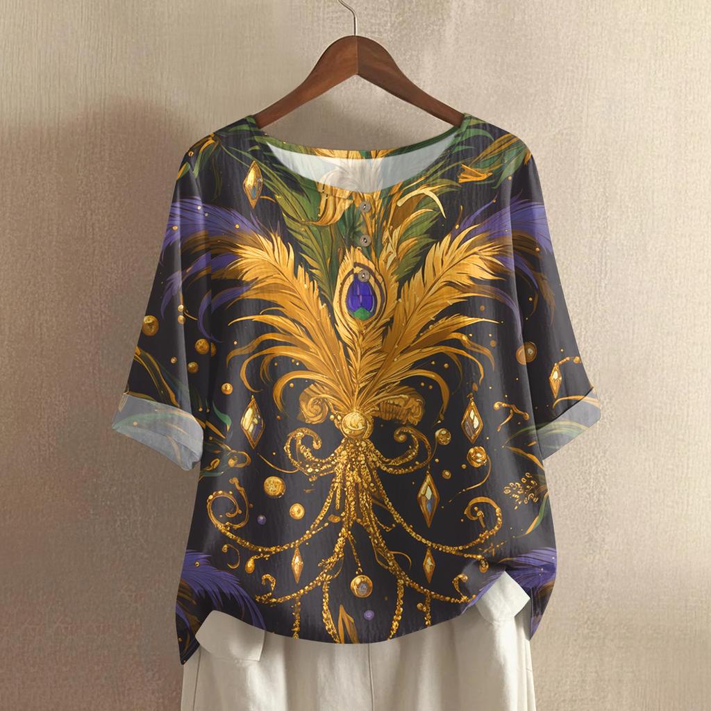 Women's Fashionable And Casual Shirt Half Sleeve Round Neck Print Cotton And Linen Blouse Top